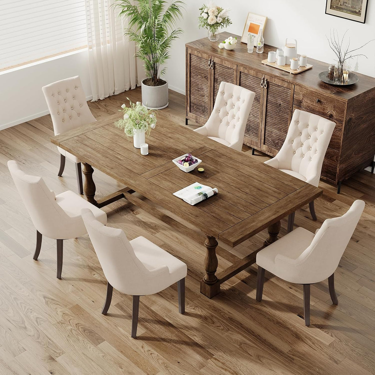 COLAMY Wingback Upholstered Dining Chairs Set of 6, Fabric Side Dining Room Chairs with Tufted Button, Living Room Chairs for Home Kitchen Resturant- Beige
