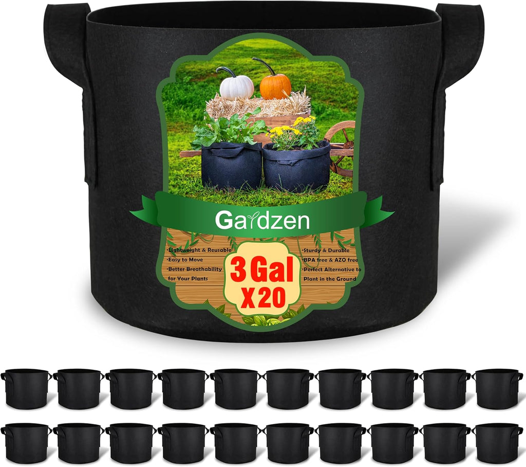 Gardzen 20-Pack 3 Gallon Grow Bags, Aeration Fabric Pots with Handles, Pot for Plants