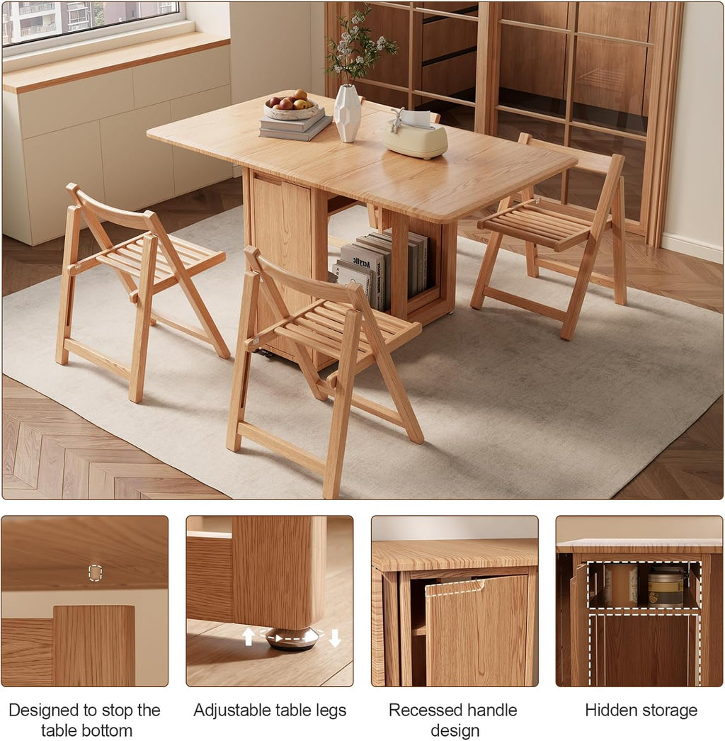 AnywaysWood Folding Dining Table with 4 Foldable Chairs Set, Space Saving Extendable Solid Wood Drop Leaf Table for Kitchen Dining Living Room Small Spaces Easy Assembly (55.12"×31.5"×30")