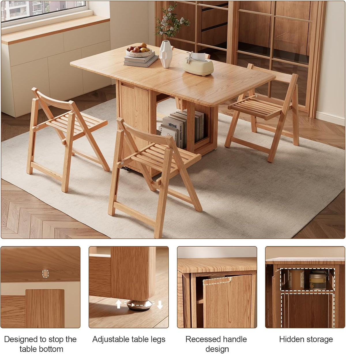 AnywaysWood Folding Dining Table with 4 Foldable Chairs Set, Space Saving Extendable Solid Wood Drop Leaf Table for Kitchen Dining Living Room Small Spaces Easy Assembly (55.12"×31.5"×30")