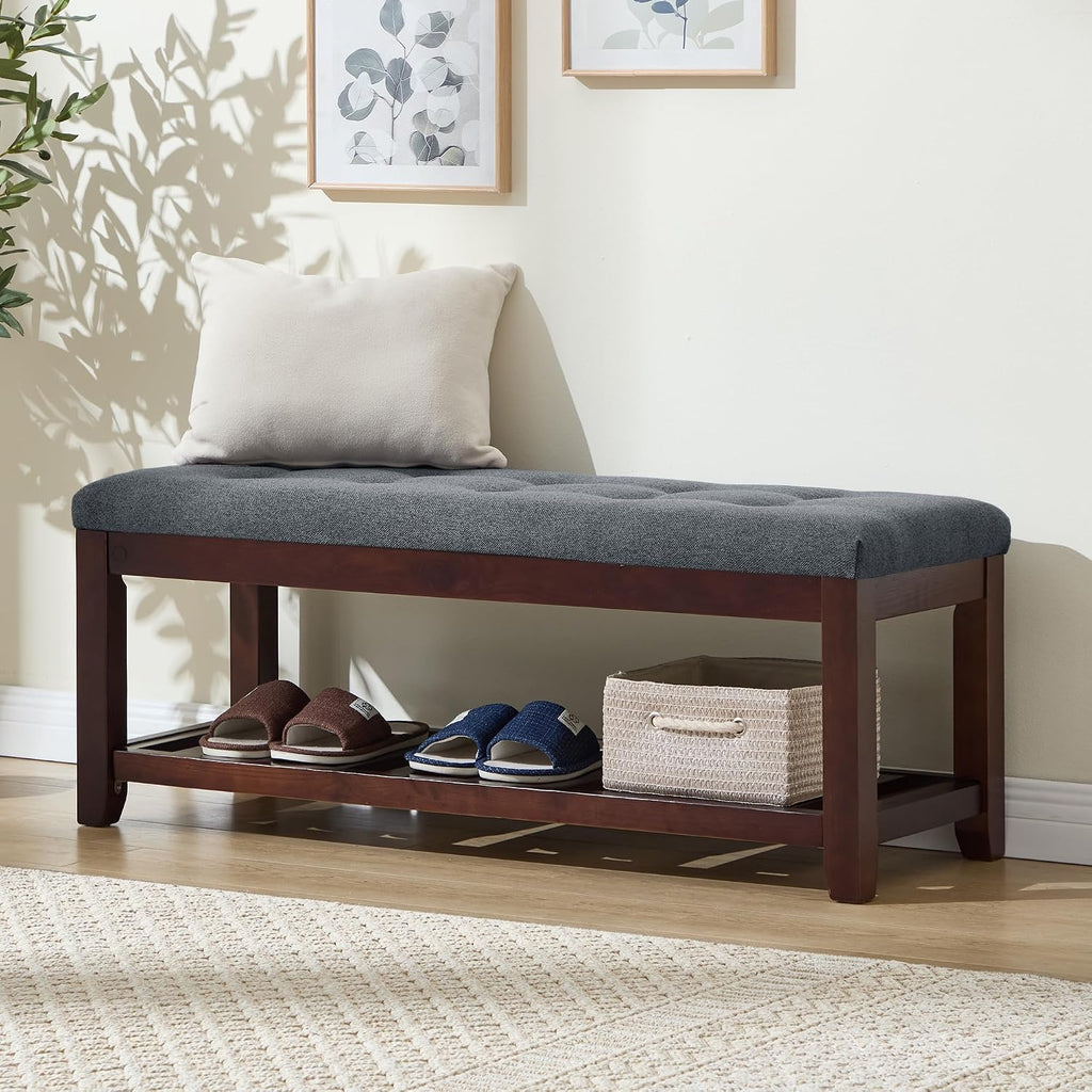 Shoe Bench Entryway, 44" End of Bed Bench,Upholstered Linen Bench for Living Room,Fabric Ottoman Bench with Solid Wood Shelf for Bedroom, Entrance Darkgrey