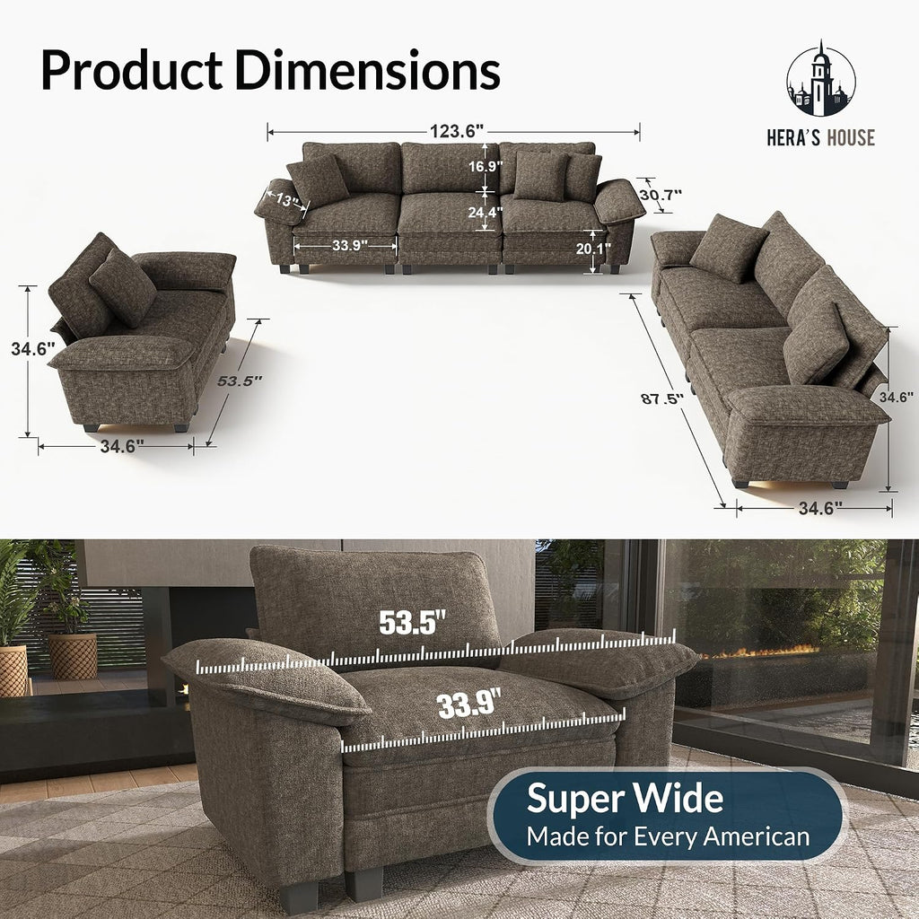 HERA'S HOUSE 3 Pieces Modular Sectional Couch Set with Armchair Loveseat | Modern 6-Seater Cloud Sofa Set , Smoky Grey, Wider Armrest, Deep Seat, Soft Chenille Furniture Set for Living Room