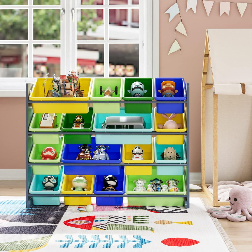 HearCare PUPL Toy Storage Organizer Bin, Multi-Functional Toy Storage Cabinet with Shelf and 16 Plastic Bins for Bedroom, Living Room, Playroom, Home Furniture, Gray Rack and Colorful Bins