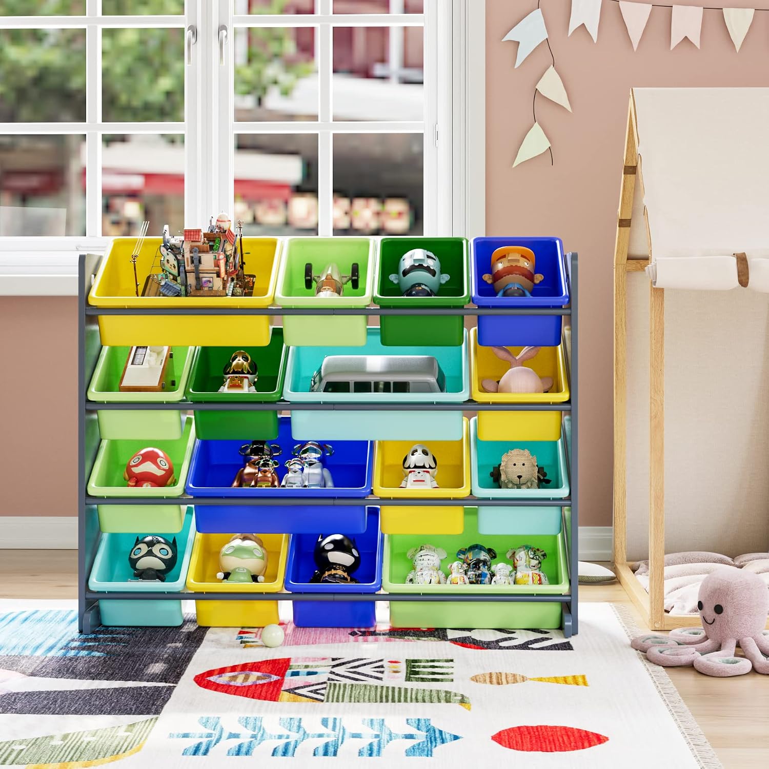 HearCare PUPL Toy Storage Organizer Bin, Multi-Functional Toy Storage Cabinet with Shelf and 16 Plastic Bins for Bedroom, Living Room, Playroom, Home Furniture, Gray Rack and Colorful Bins