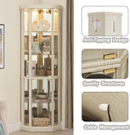 69" H Lighted Curio Cabinet Corner Display Case, Corner Glass Case with Adjustable Shelves and Tempered Glass, Wooden Curio Cabinet w/Mirrored Back Pane for Living Room