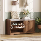 Maupvit Fluted Shoe Bench with 2 Flip-Drawers, 39.4" Narrow Entryway Bench with Shoe Storage and Seat Cushion, Adjustable Shelf, Walnut Hidden Shoe Rack Bench for Front Door Entrance, Hallway
