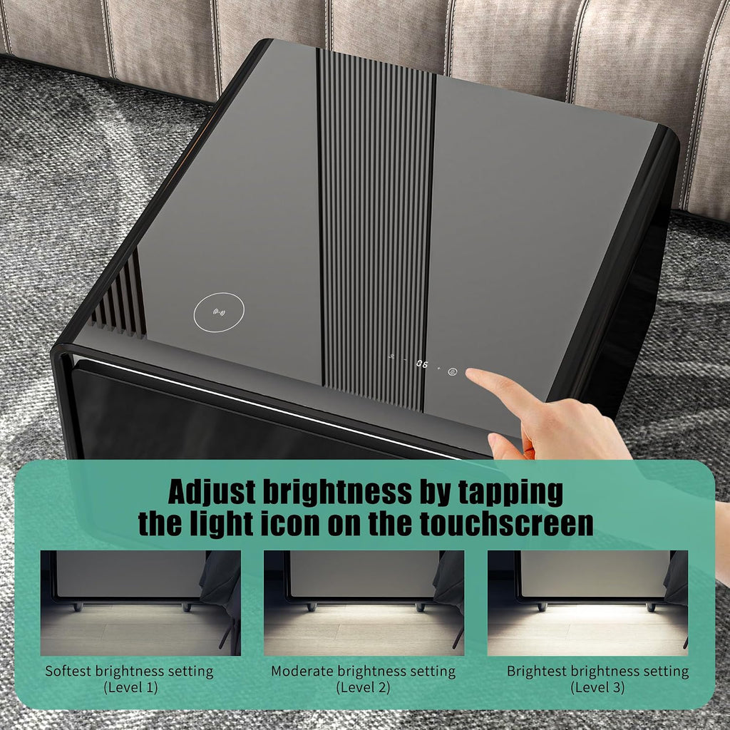 LUMISOL Smart Side Table with Built-in Fridge, Wireless Charging, Temperature Control, Power Socket, USB Ports, Outlet Protection, Induction Light, Black