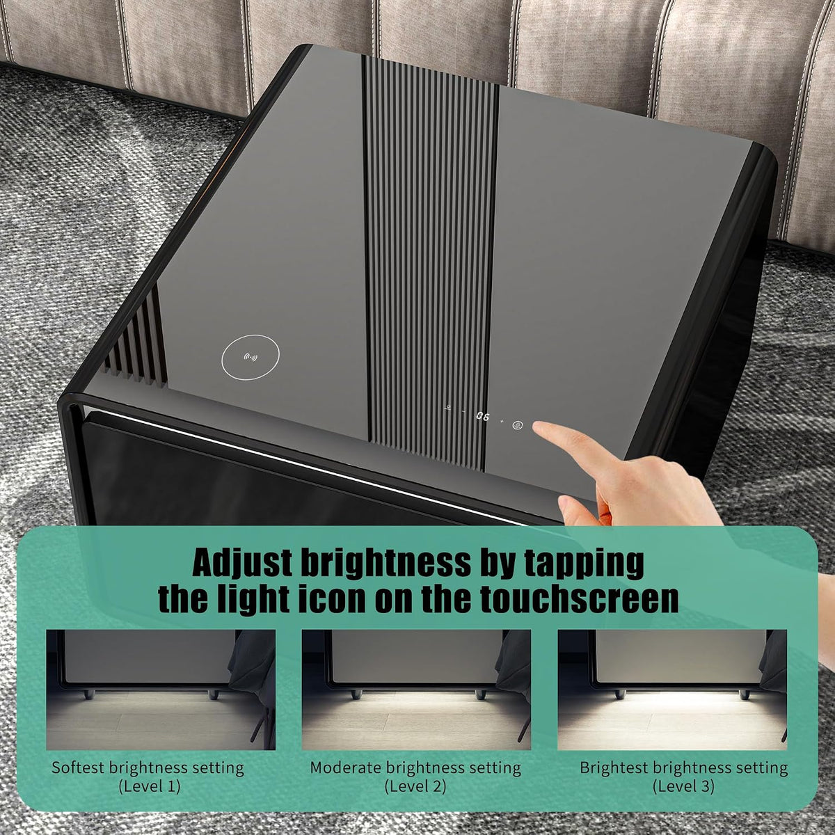 LUMISOL Smart Side Table with Built-in Fridge, Wireless Charging, Temperature Control, Power Socket, USB Ports, Outlet Protection, Induction Light, Black