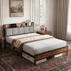Novilla Queen Bed Frame with Charging Station & Storage Headboard, Modern Upholstered Platform Bed Frame, Heavy Duty Metal Slats, Noise Free, No Box Spring Needed