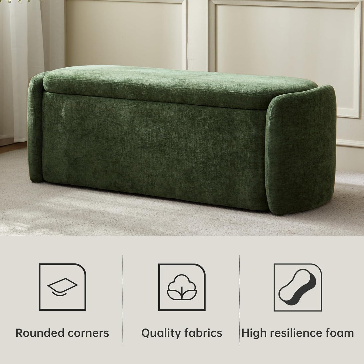 VKNOW Storage Bench, Upholstered Storage Ottoman Bench with Hinge, Green | Ottoman Bench with Large Capacity, Curved Frame, Soft Fabric, Storage Bench for Bedroom, Living Room, Entryway, Window