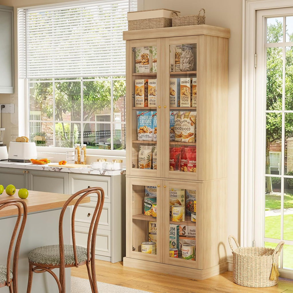 70.8" Tall Farmhouse Modular Kitchen Pantry Cabinet with Glass Doors, Wooden Storage Hutch with 6-Tier Adjustable Shelves, Set of 3, Brown