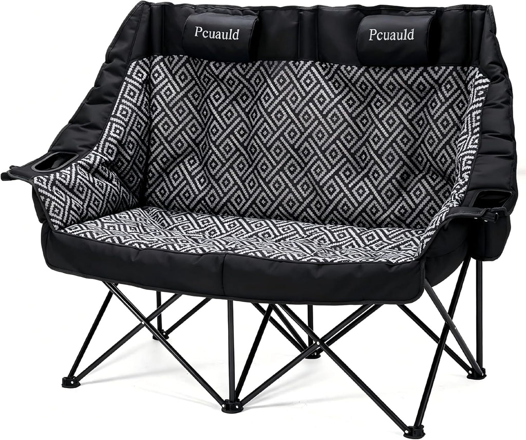 High Back Double Camping Chair Padded Folding Loveseat with Adjustable Pillows Heavy Duty 2 Person Camping Lawn Chairs for Adults with Cup Holders & Wine Racks for Outdoor Sports Beach Fishing
