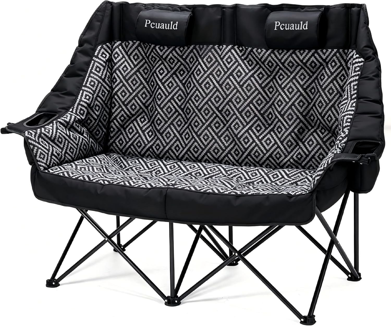 High Back Double Camping Chair Padded Folding Loveseat with Adjustable Pillows Heavy Duty 2 Person Camping Lawn Chairs for Adults with Cup Holders & Wine Racks for Outdoor Sports Beach Fishing