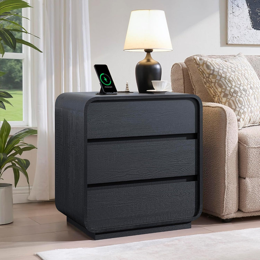Standifurno Black Curved Night Stand Set of 2 with Charging Station, 25" Tall Wood Bedside Table Nightstand with 3 Storage Drawers, Mid Century Modern End Table for Bedroom, Office