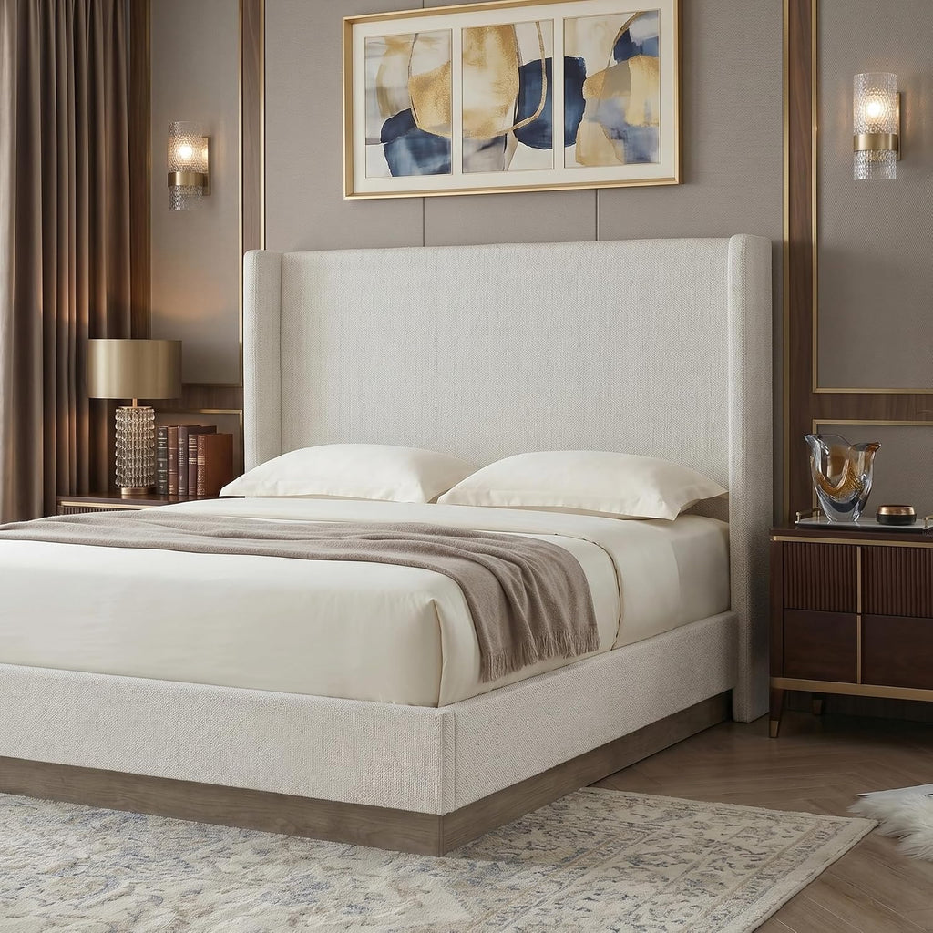 53.1" Extra-Tall Wingback Bed Frame - Luxury Cream White Boucle Upholstered Platform Bed with Gray Oak Wood Base, Heavy Duty 1000lbs, No Box Spring Needed, Noise-Free (Queen)