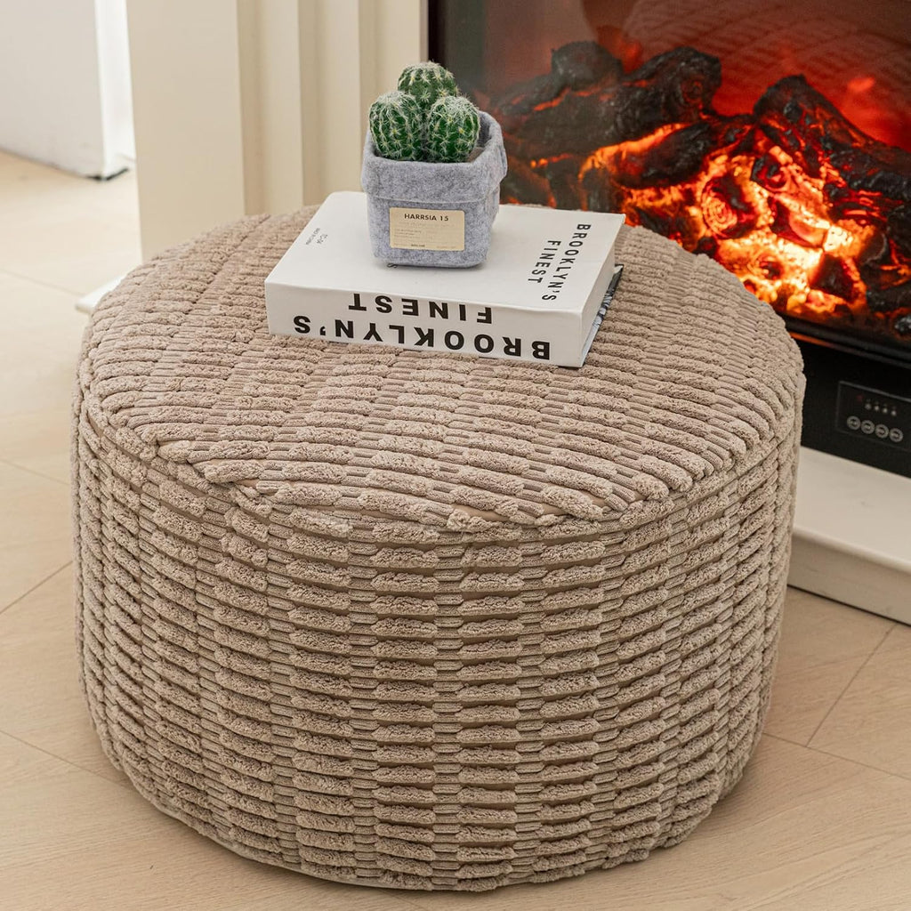 Asuprui Pouf Ottoman Round Foam Filled Foot Rest Stool Floor Pouf Footrest | 20x14 In,Light Coffee,All-One Foam Pouf, Ottoman Coffee Table,Couch Foot Rest ,Remov. Cover for Living Room Entryway Bedroom