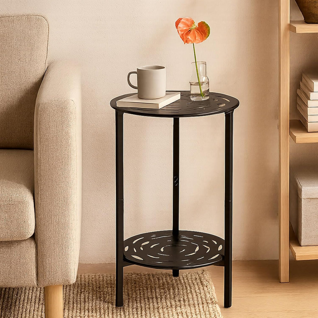 2-Tier Metal Round Side Table Black Accent Coffee Tables Small Space Corner Plant Stand Shelf for Indoor Outdoor Use Patio Balcony End Table Laser-Cut Floral Pattern Weather-Resistant