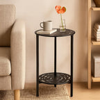 2-Tier Metal Round Side Table Black Accent Coffee Tables Small Space Corner Plant Stand Shelf for Indoor Outdoor Use Patio Balcony End Table Laser-Cut Floral Pattern Weather-Resistant