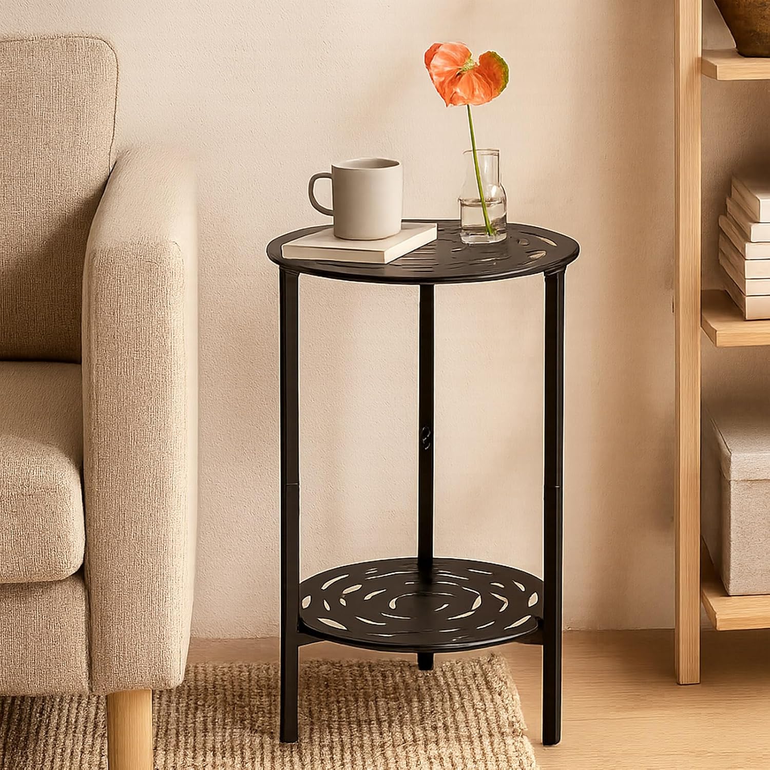 2-Tier Metal Round Side Table Black Accent Coffee Tables Small Space Corner Plant Stand Shelf for Indoor Outdoor Use Patio Balcony End Table Laser-Cut Floral Pattern Weather-Resistant