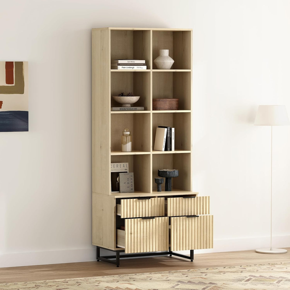 71" Tall Fluted Kitchen Pantry, Mid Century Modern Storage Cabinet with Drawers and Adjustable Shelves 6 Tier Display Bookshelf Cupboard for Dining Room Living Room Home Office, Light Oak