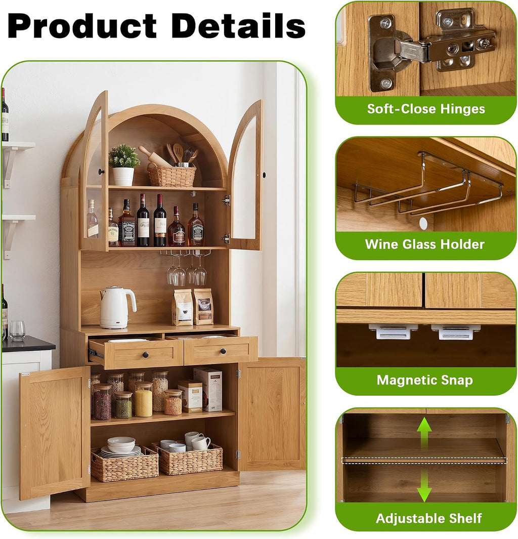 KEIKI 75 Inch Farmhouse Pantry Cabinet with Charging Station, Tall Arched Coffee Bar Cabinet with Adjustable Shelves & Drawer, Freestanding Storage Sideboard for Kitchen Dining Room Living Room, Oak