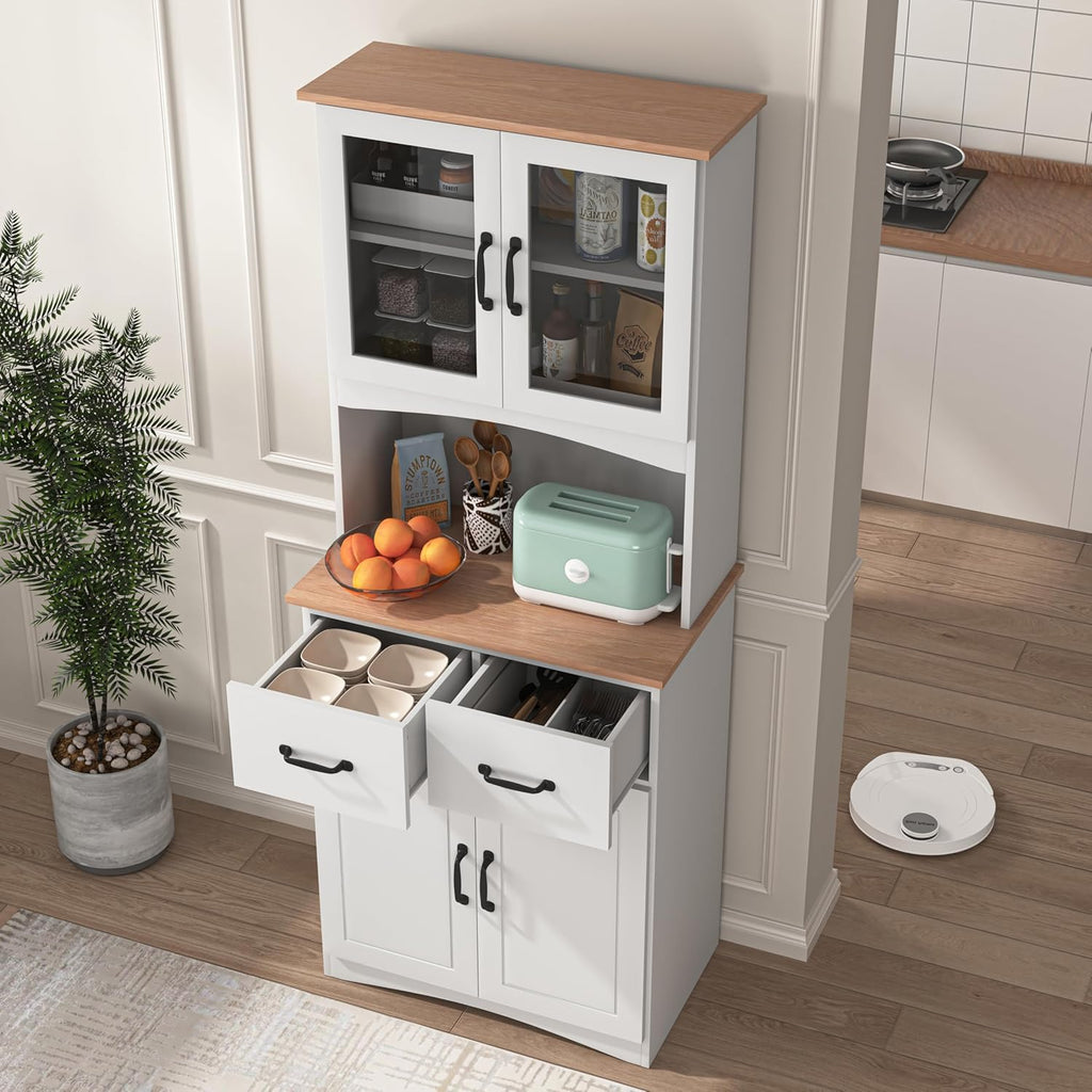 66.9'' Kitchen Pantry Cabinet, White Pantry Storage Microwave Cabinet with Glass Doors, Adjustable Shelves, Drawer, Freestanding Larder Cupboard for Kitchen, Dining Room
