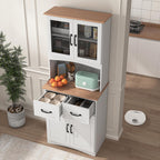 66.9'' Kitchen Pantry Cabinet, White Pantry Storage Microwave Cabinet with Glass Doors, Adjustable Shelves, Drawer, Freestanding Larder Cupboard for Kitchen, Dining Room