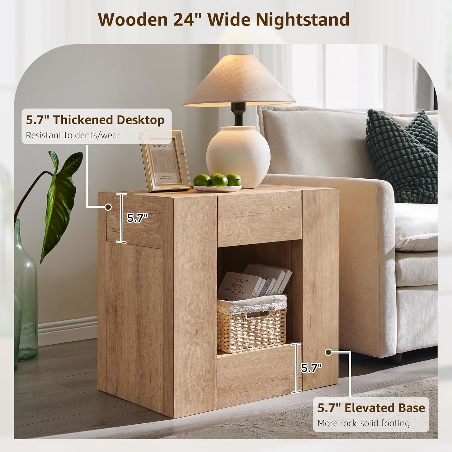 OKD 24'' Modern Nightstands Set of 2, Large End Table with Charging Station & Drawer Storage, Rustic Bedside Table for Bedroom, Living Room, Wood Thick Design, Natural Oak