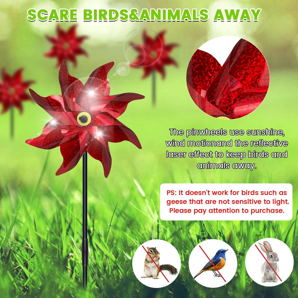 10 PCS Reflective Pinwheels for Yard and Garden Bird Devices Pre-Installed Sparkly Wind Spinner Deterrent to Scare Birds Away from Yard Patio Farm (Red)
