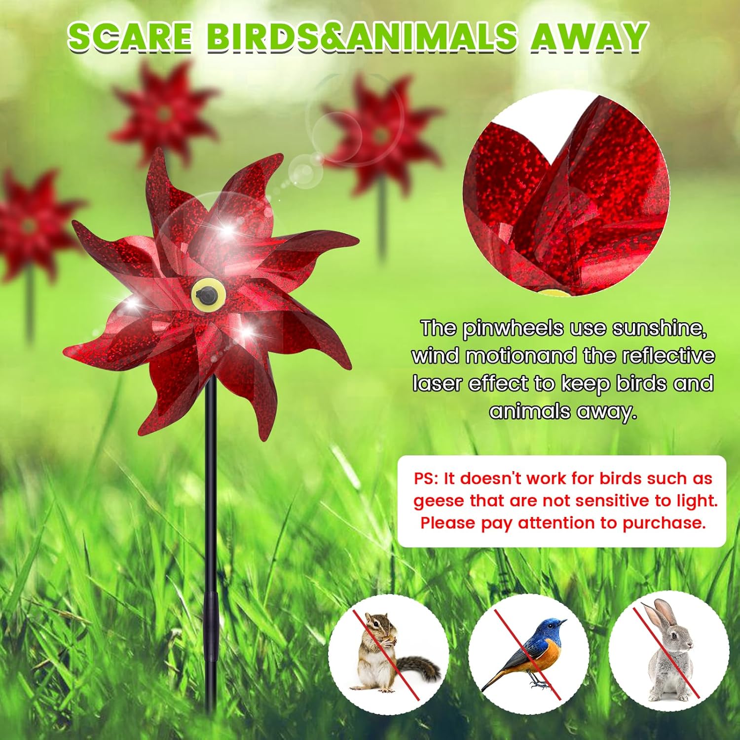 10 PCS Reflective Pinwheels for Yard and Garden Bird Devices Pre-Installed Sparkly Wind Spinner Deterrent to Scare Birds Away from Yard Patio Farm (Red)