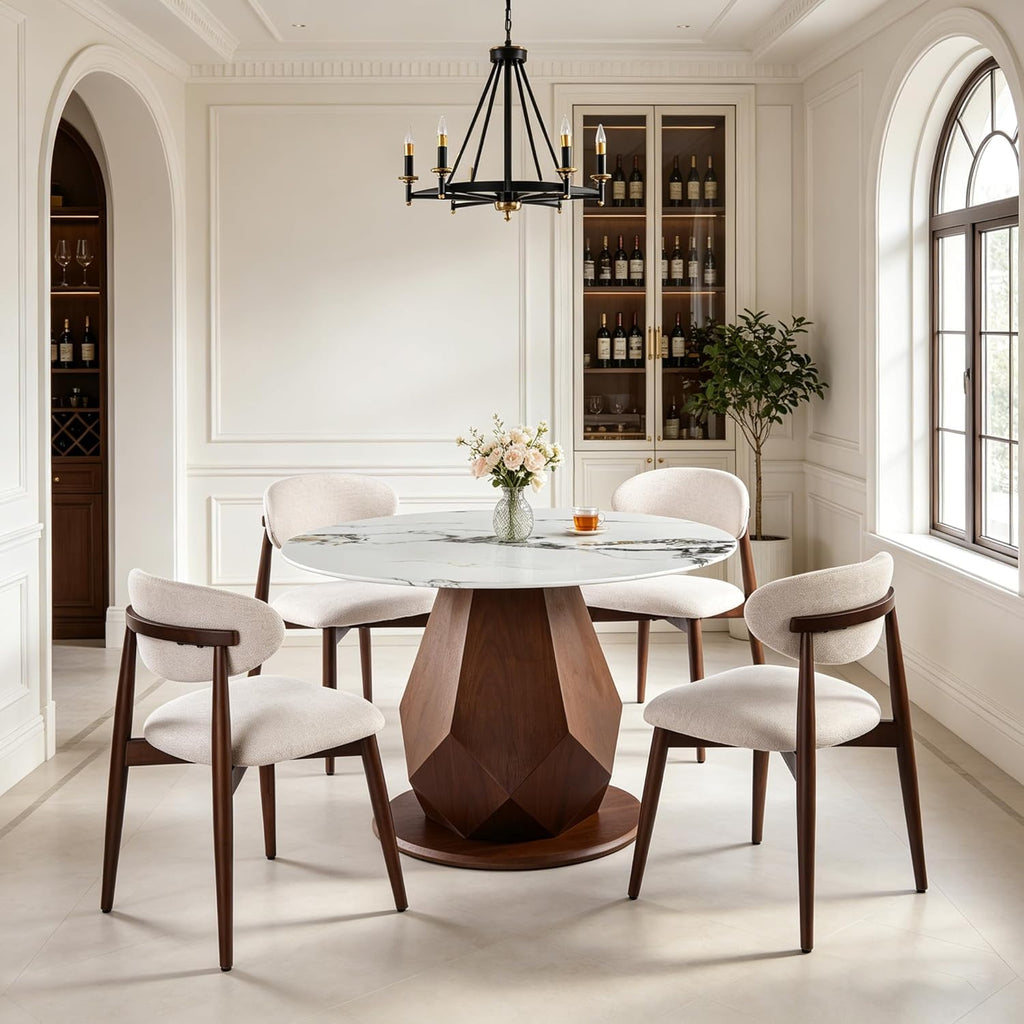 YYQ 45" Round Dining Table Set, Faux Marble Dining Table with 4 Dining Chairs Set, Tempered Glass Tabletop with Antique Brass Metal Base (45" Table with 4 Chairs)