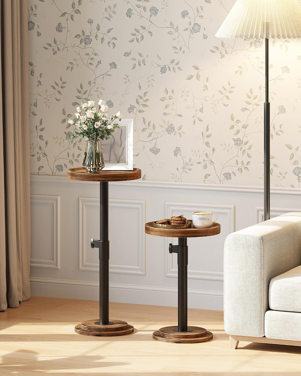 CHOEZON Height Adjustable Drink Table, Small Round Side Table, Pedestal Martini Table with Thickened Base, for Small Space, Sofa, Couch, Living Room, Bedroom, Rustic Brown and Black TBZ31BF