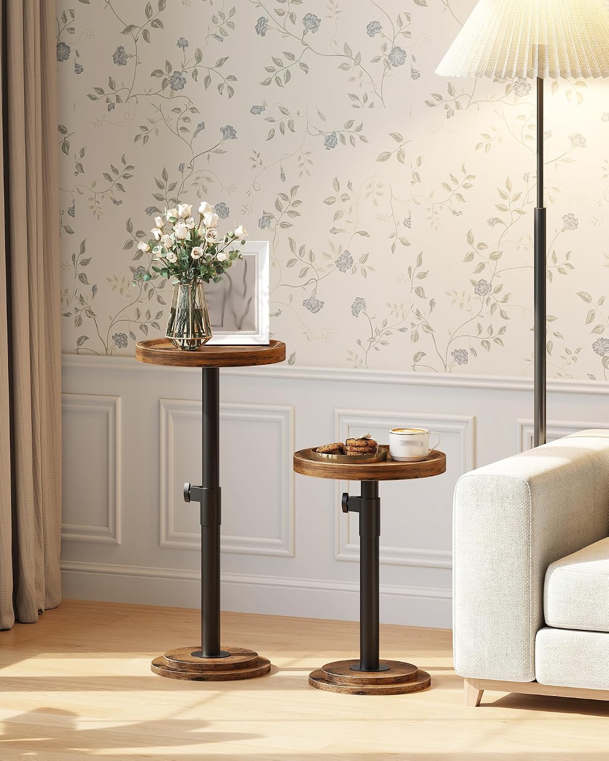 CHOEZON Height Adjustable Drink Table, Small Round Side Table, Pedestal Martini Table with Thickened Base, for Small Space, Sofa, Couch, Living Room, Bedroom, Rustic Brown and Black TBZ31BF