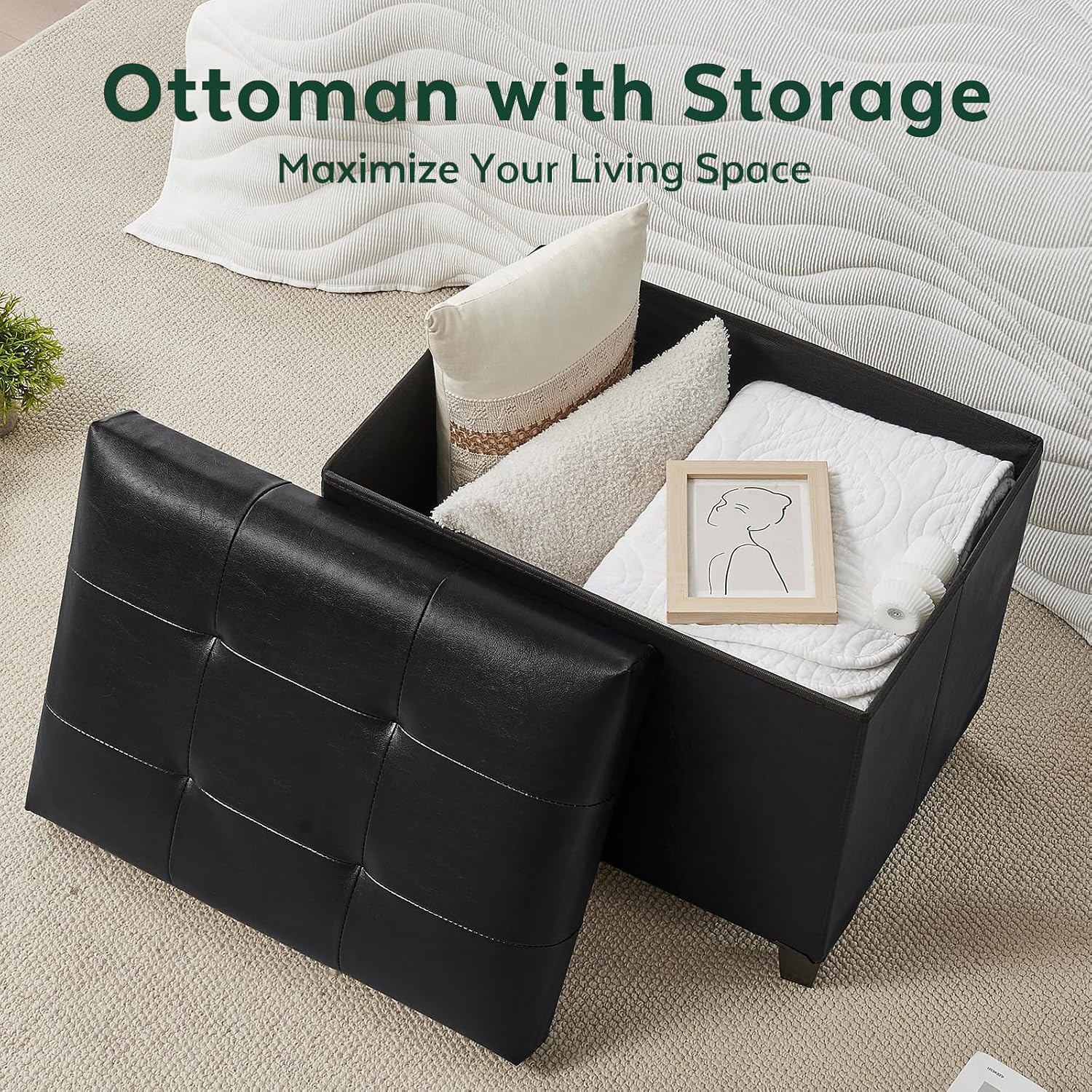 Ottoman with Storage, Rectangular Storage Ottoman, Faux Leather Ottomans with Legs for Living Room Bedroom Dorm, 23.6" D x 17.7" W x 19.9" H, Jet Black