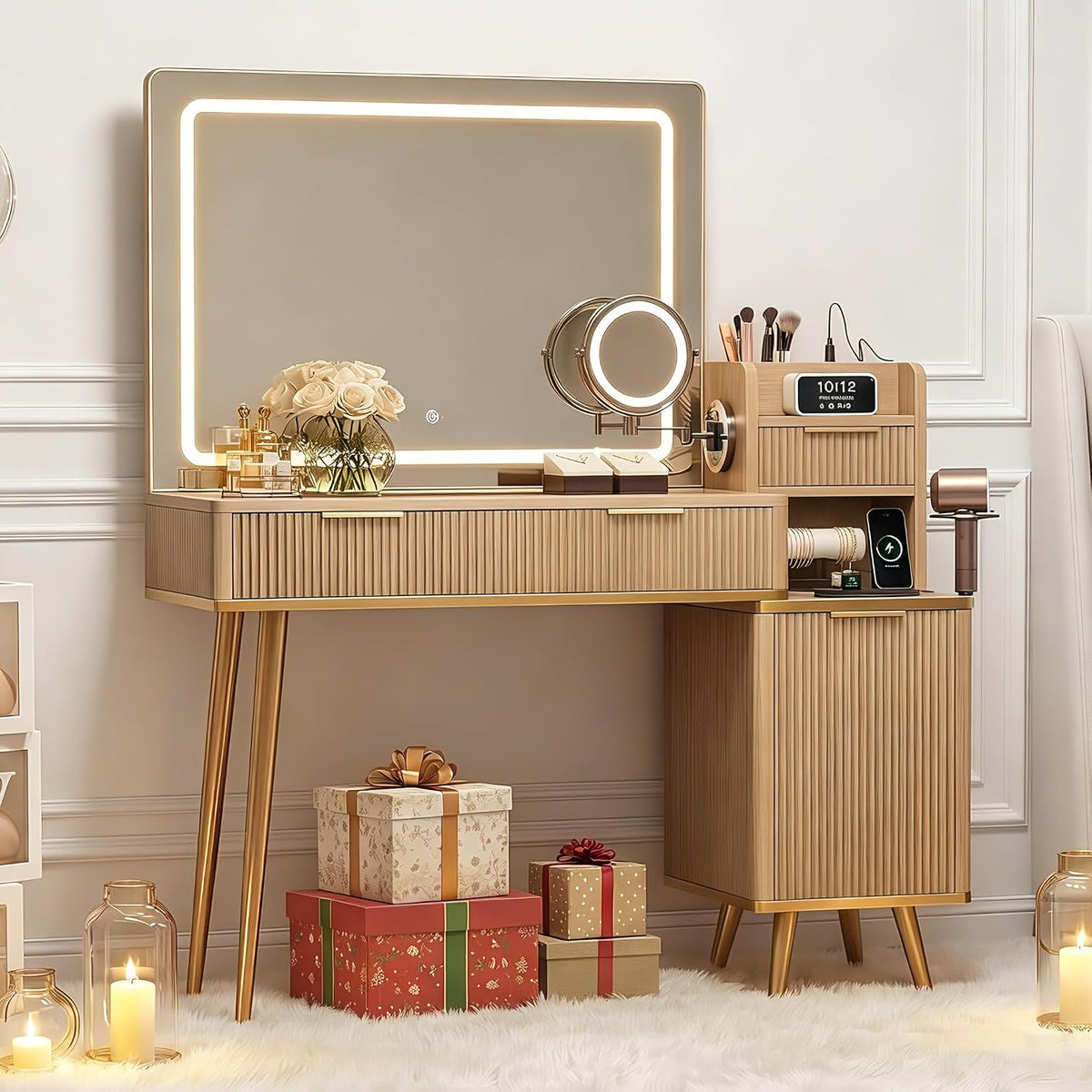 iPormis Makeup Vanity Desk with HD & 5X Mirror and Lights, 47 inch Make up Vanity w/Magnifying, Fluted Glass Top Dressing Table w/Power Outlets & Adjustable Storage,Natural