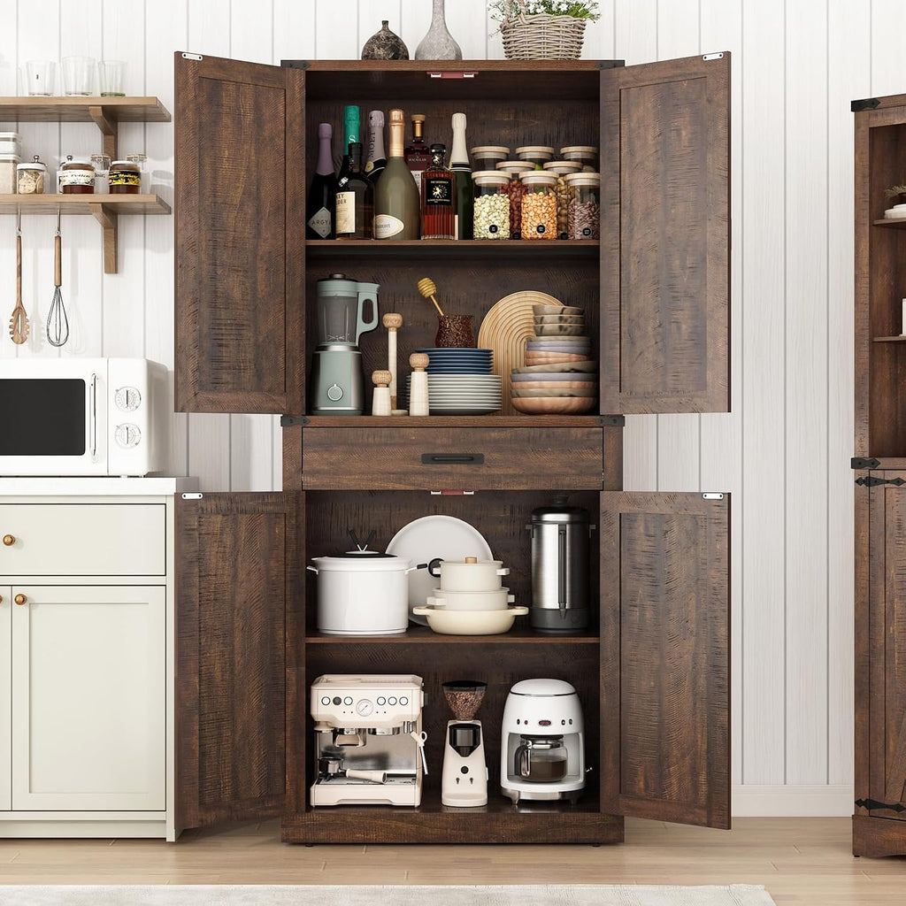 Hlivelood 72" Tall Farmhouse Kitchen Pantry Cabinet with Drawer, Rustic Wood Cupboard Storage Cabinet w/Organizer and 4 Barn Doors, Storage Cabinet for Kitchen, Dining Room, Living Room, Brown