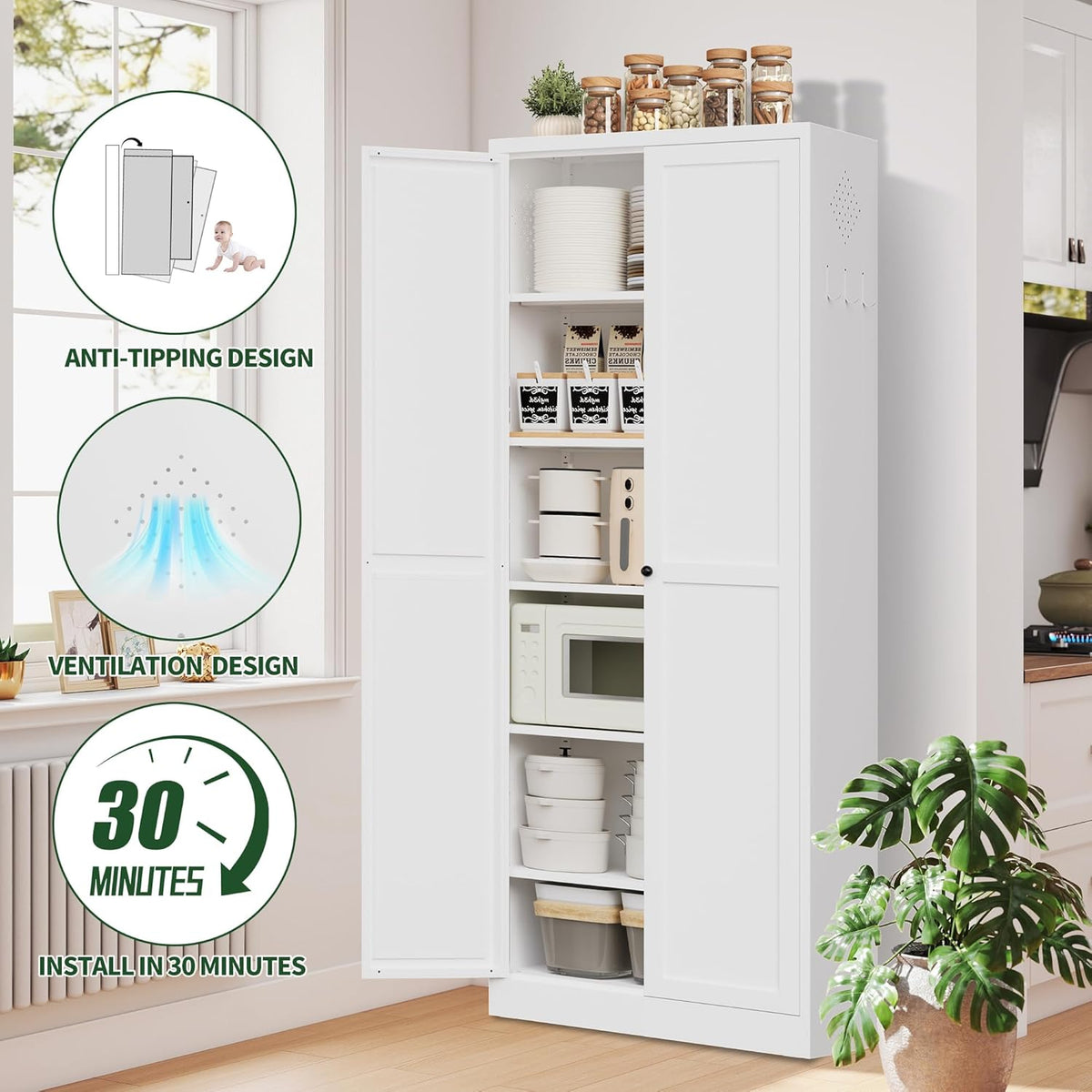 72" Tall Kitchen Pantry Cabinet,White Metal Pantry Cabinet with 2 Doors & 5 Adjustable Shelves,Utility Storage Cabinet for Living Room,Garage,Basement