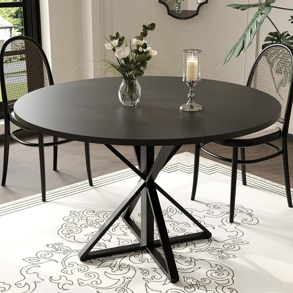 IDEALHOUSE 47 Inch Round Dining Table for 4, Farmhouse Kitchen Table with Metal K-Base, Black Circle Wood Table for Dining Room, Kitchen, Apartment & Living Room (Table Only)