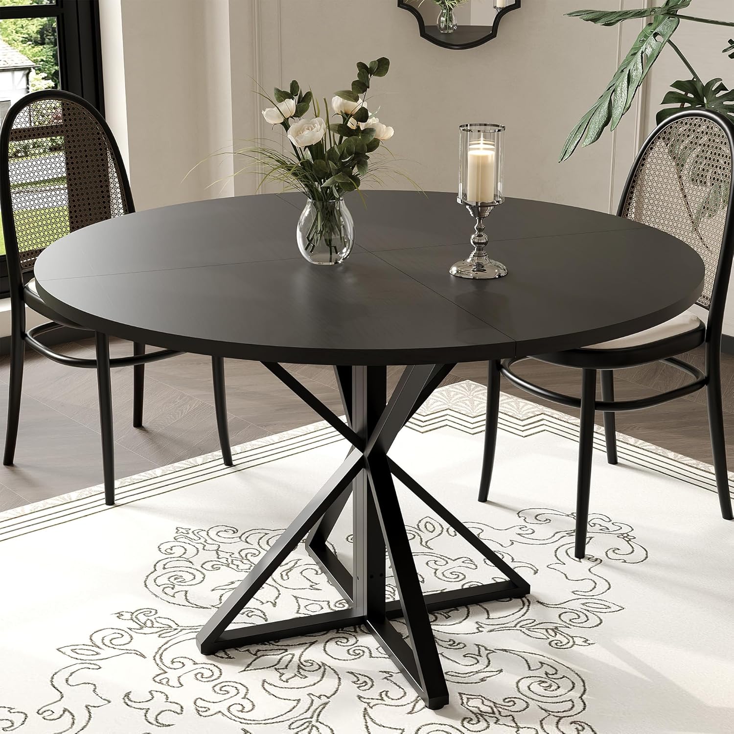 IDEALHOUSE 47 Inch Round Dining Table for 4, Farmhouse Kitchen Table with Metal K-Base, Black Circle Wood Table for Dining Room, Kitchen, Apartment & Living Room (Table Only)