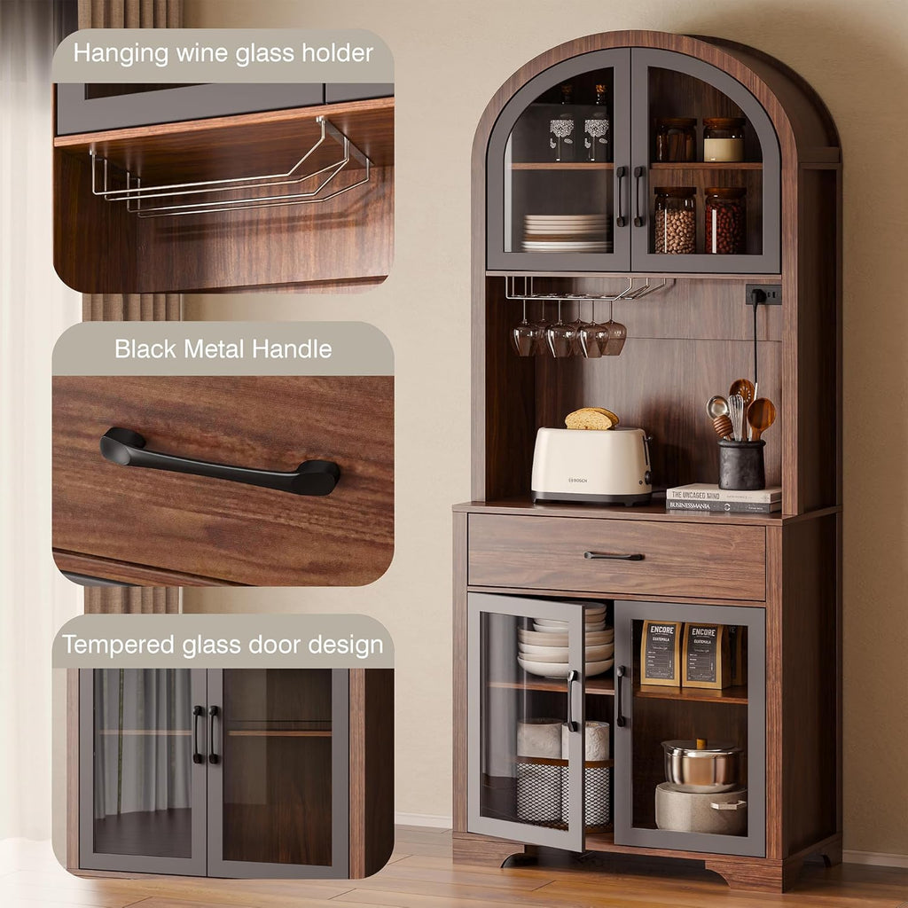 Arched Kitchen Pantry Cabinet, Kitchen Hutch Storage Cabinet with Countertop and Charging Station, Tall Coffee Bar Cabinet with Storage, Dining Room Kitchen Hutch Cabinet with Storage