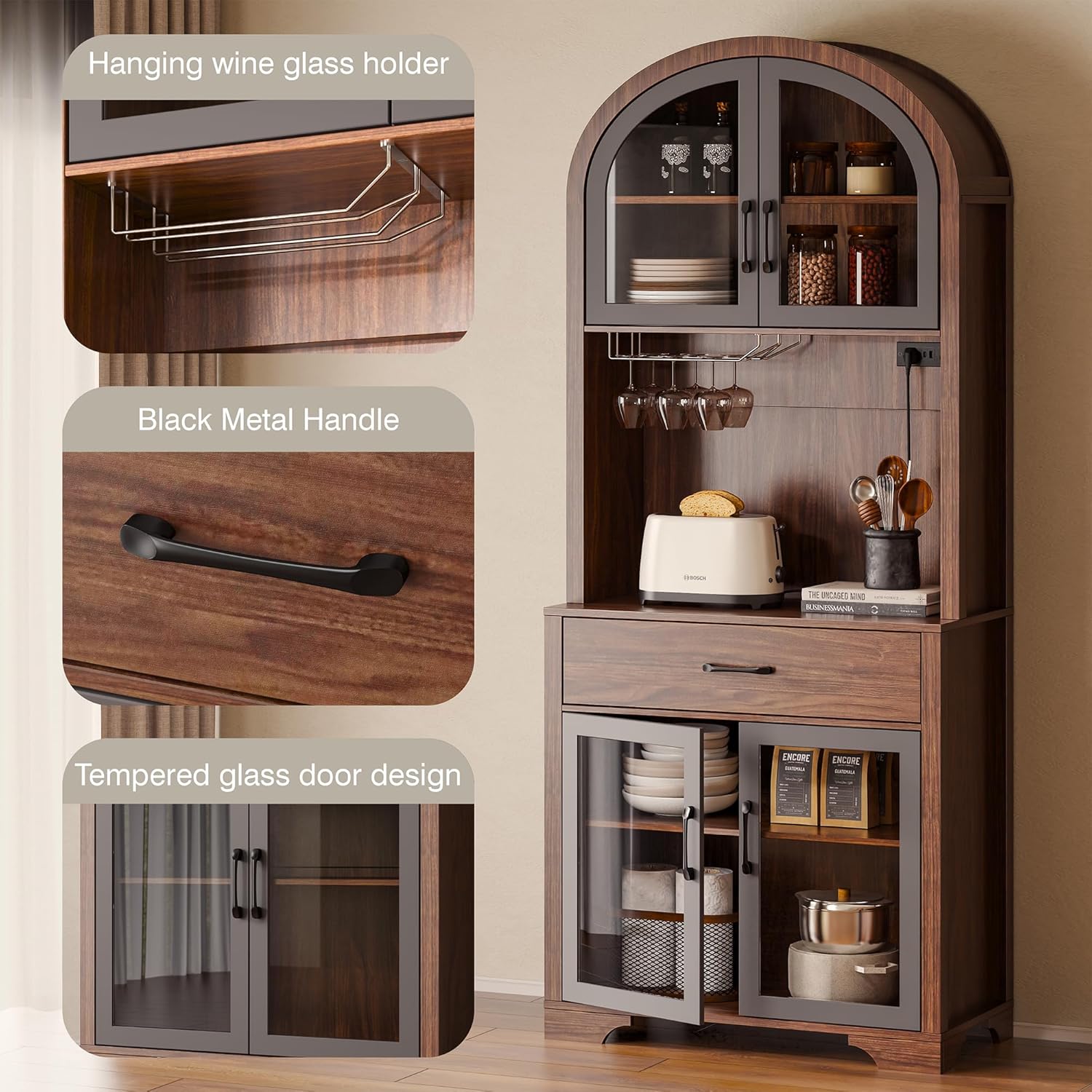 Arched Kitchen Pantry Cabinet, Kitchen Hutch Storage Cabinet with Countertop and Charging Station, Tall Coffee Bar Cabinet with Storage, Dining Room Kitchen Hutch Cabinet with Storage