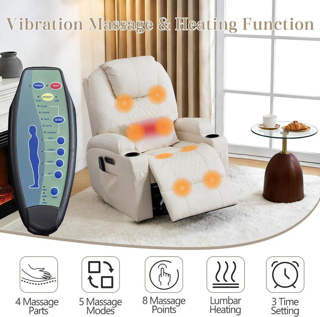 AHMED Dual Motor Power Swivel Rocker Recliner Chair, Faux Leather, Beige | Electric Glider Rocking Chairs, Massage & Heat, Cup Holders, LED Lights, USB A/USB C Ports