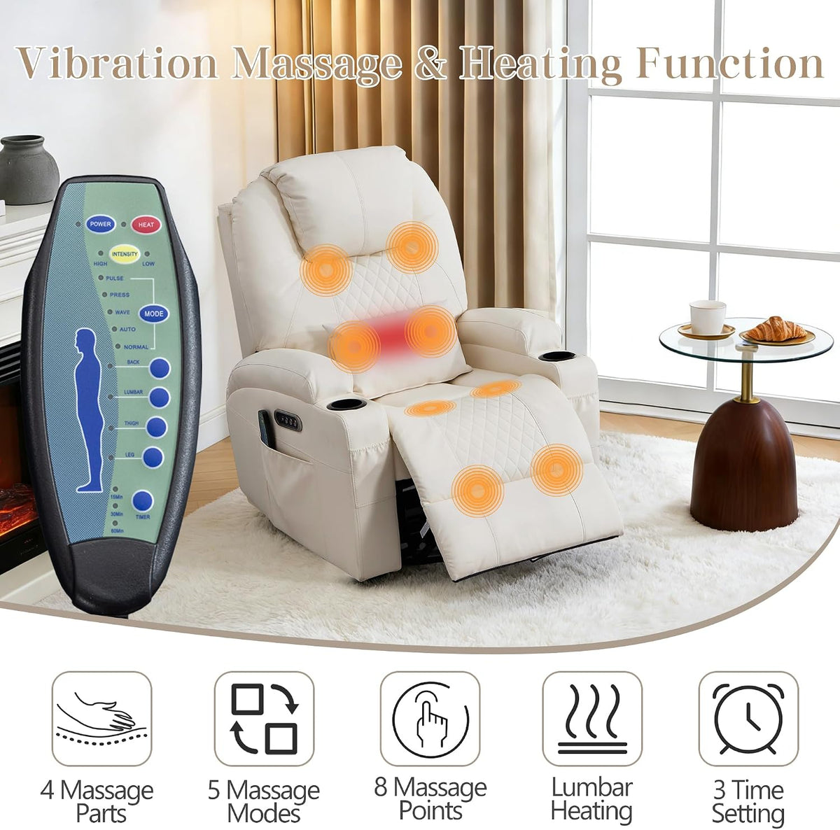 AHMED Dual Motor Power Swivel Rocker Recliner Chair, Faux Leather, Beige | Electric Glider Rocking Chairs, Massage & Heat, Cup Holders, LED Lights, USB A/USB C Ports