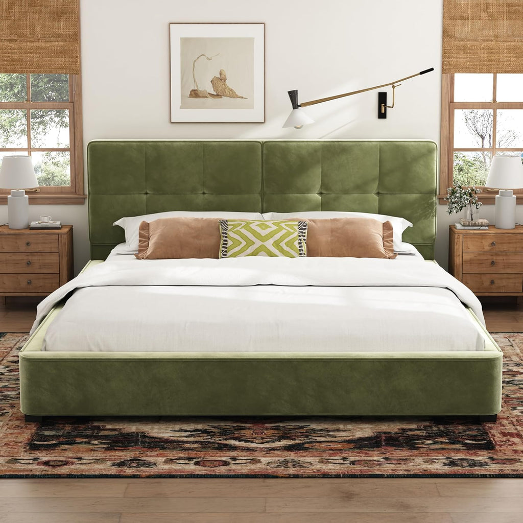 Christopher Knight Home Cordo King Size Bed, Velvet Upholstered Platform Bed, Wooden Slats Panel Support, Tufted Square Corners Haedboard, No Box Spring Needed, Easy Assembly, Oliver Green