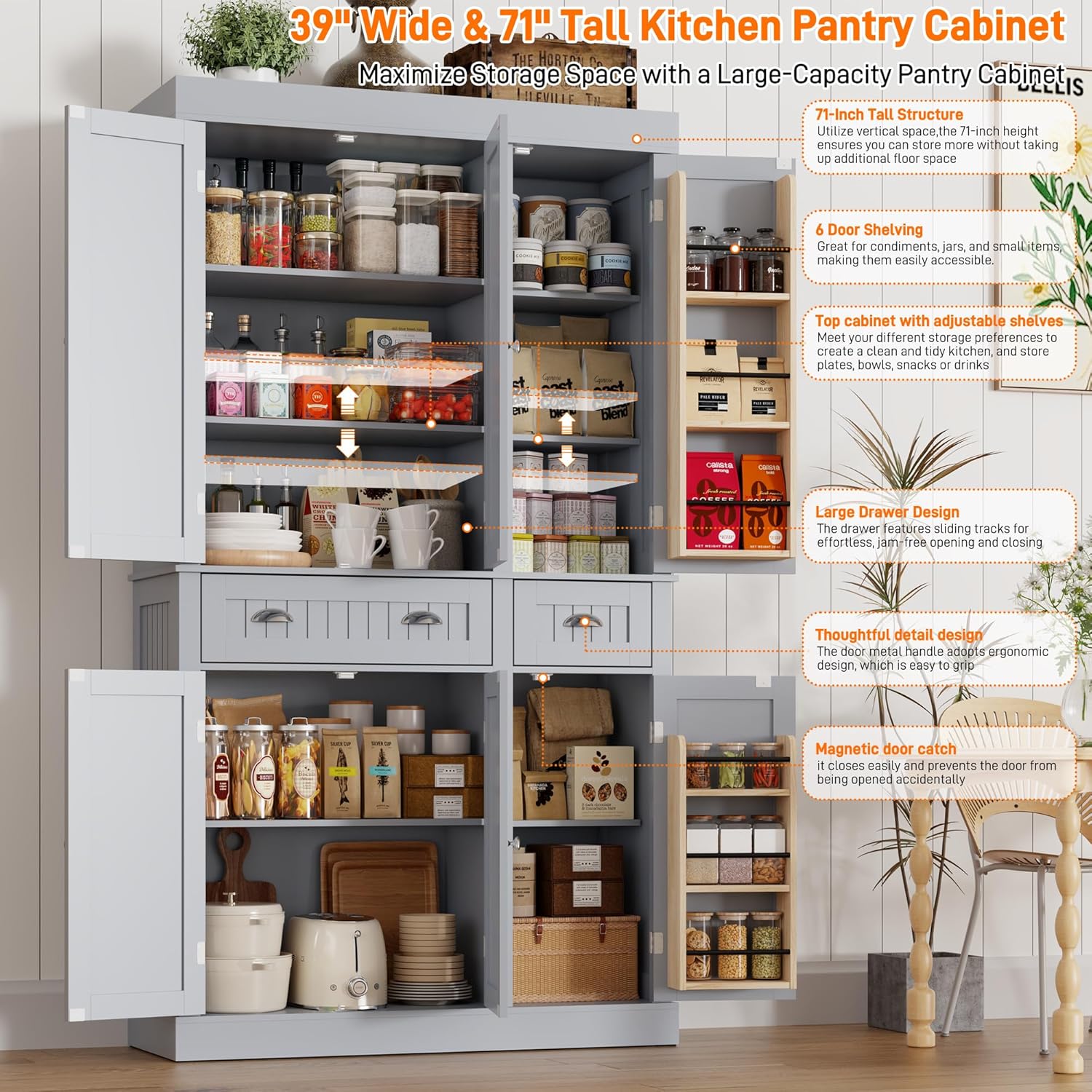 71" Tall Kitchen Cabinet Pantry Storage,Modern Kitchen Hutch Cabinet with Doors and Adjustable Shelves,Large Freestanding Food Pantry with 2 Drawer for Dining Room, Living Room, Hallway,Grey