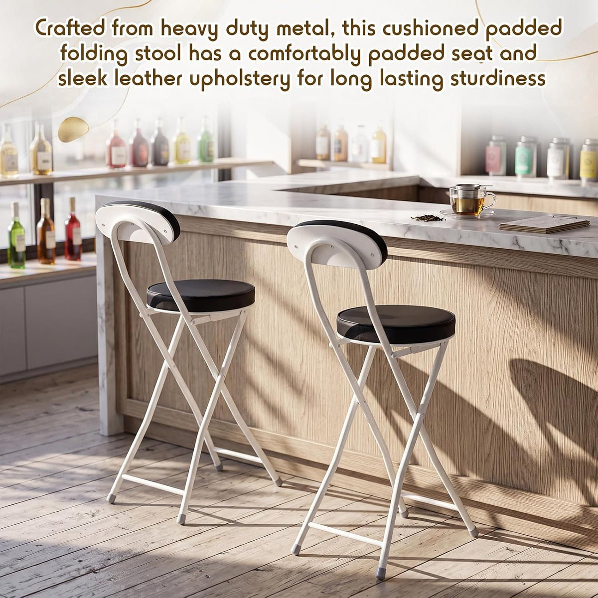 Xuhal 2 Pack Folding Bar Stools with Back 23.6'' Tall Foldable Stool Seat Padded Portable High Folding Bar Chair Counter Height Foldable Stools Leather Padded for Kitchen Shop Cafe Dining Room