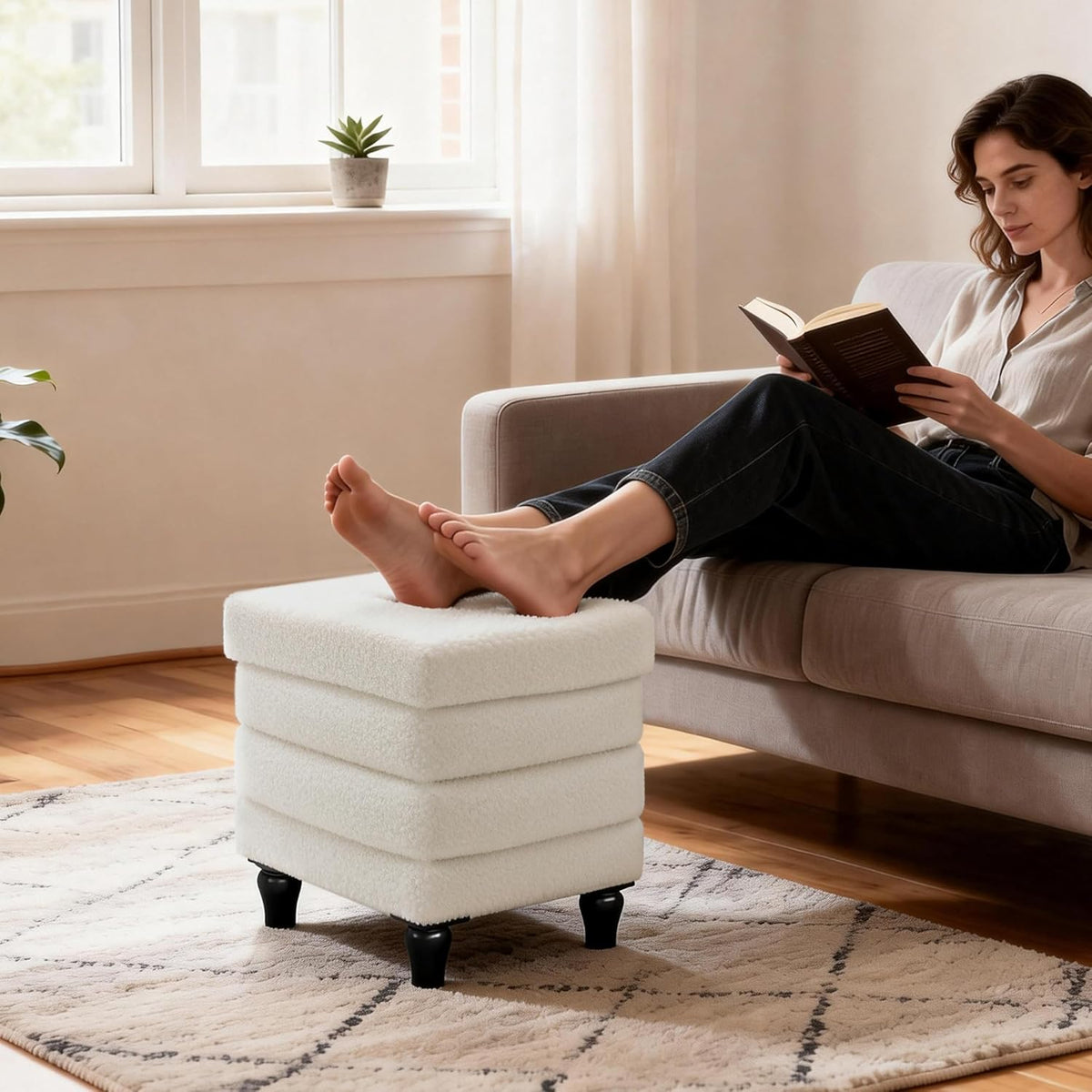 CAROLMADE Folding Storage Ottoman Cube Sherpa Footstool with Wood Legs Ottoman Footrest for Living Room and Bedroom, White 15"x12.6"x15.4"