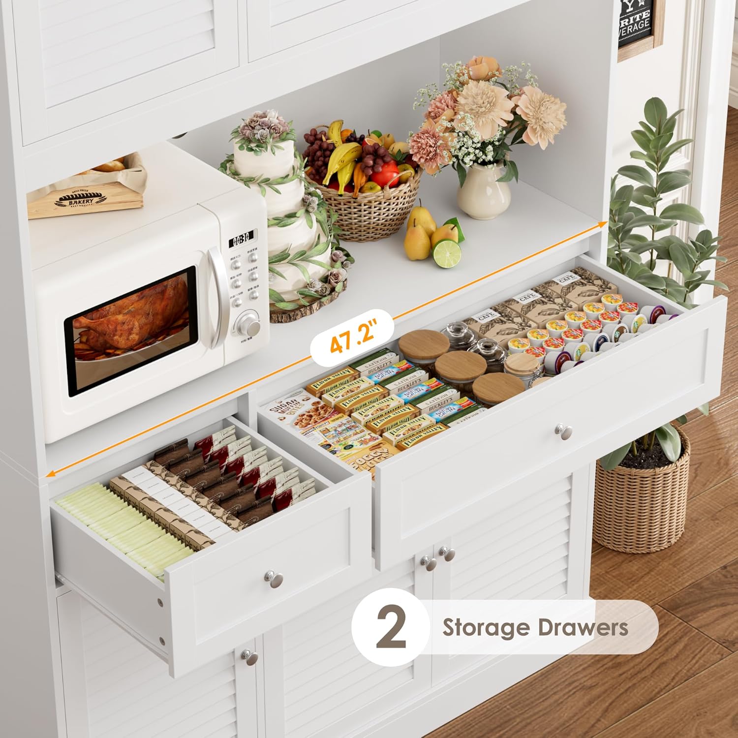 HIFIT 71" Tall Kitchen Pantry Cabinet with Spacious Countertop, 47.2" Wide Kitchen Hutch with Coffee Bar, Farmhouse Shoe Storage Cabinet for Entryway, White