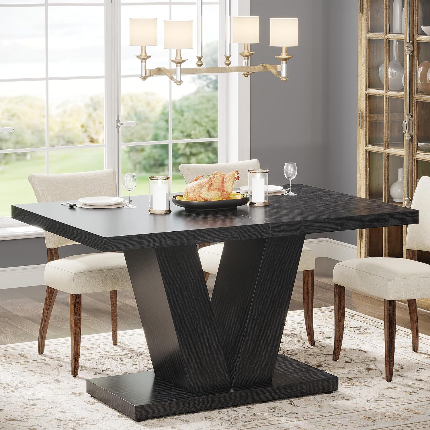 Tribesigns 47-Inch Dining Table for 4, Black Kitchen Dinner Table with Heavy Duty Pedestal, Farmhouse Wooden Eating Table for Home, Dining Room, Small Space, Black
