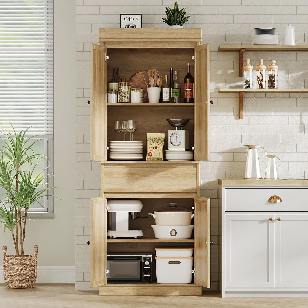 GarveeHome Kitchen Pantry Cabinet, Tall Storage Cabinet with Rattan Doors and Adjustable Shelves, Freestanding Cupboard with Drawer for Bathroom, Dining Room, Living Room, Natural Oak